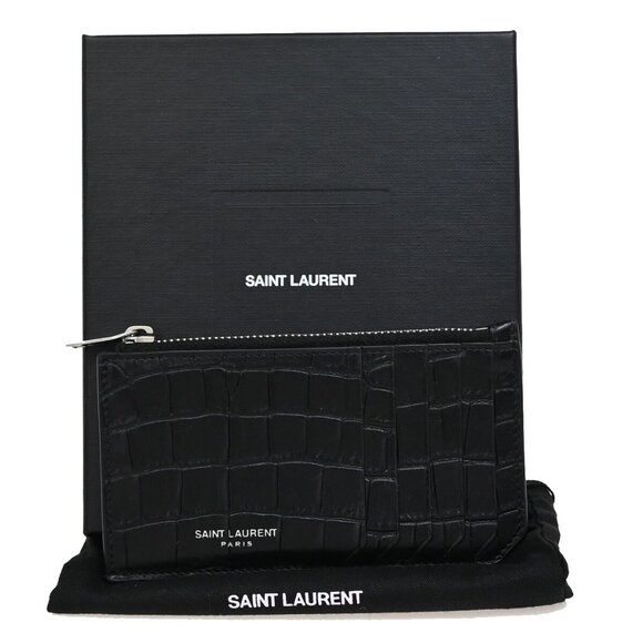 SAINT LAURENT Logo Compact Card Case Coin Wallet Embossing Leather Black